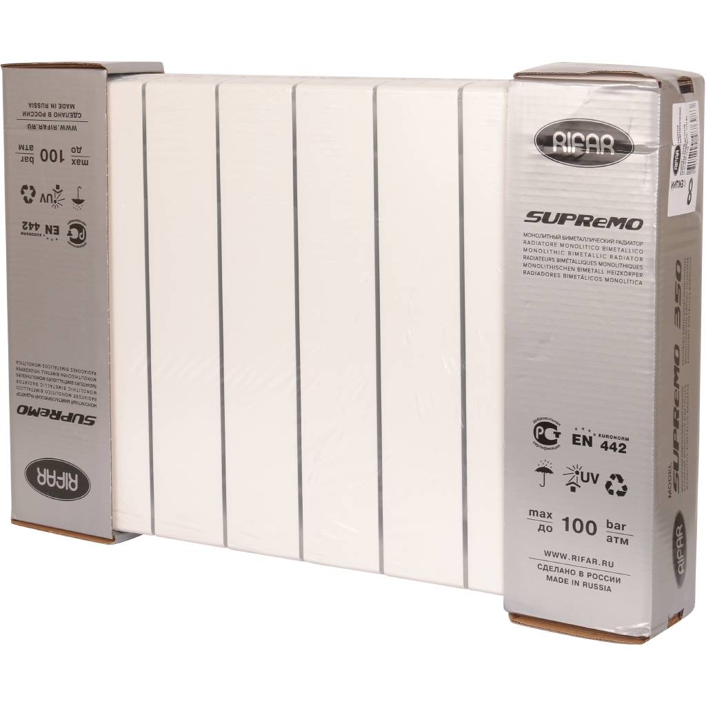 Радиатор биметаллический RIFAR SUPReMO VENTIL 350 SVR 8 секций нижнее правое подключение (белый RAL 9016), 4RS35.VR-8