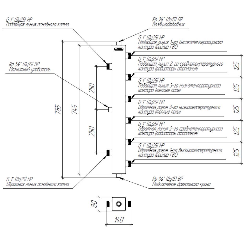 Термогидравлический разделитель GIDRUSS TGR-60-25x3 (до 60 кВт, 3 контура G 1, встроенный сепаратор)