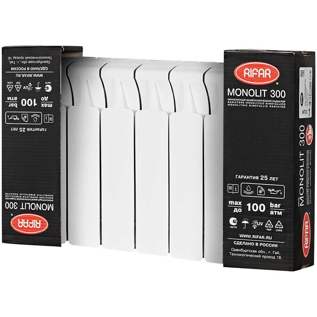 Радиатор биметаллический RIFAR MONOLIT 300 8 секций боковое подключение (белый RAL 9016), 3RM30-8