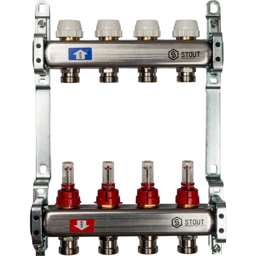 Коллектор из нержавеющей стали с расходомерами STOUT 4 выхода, SMS 0917 000004