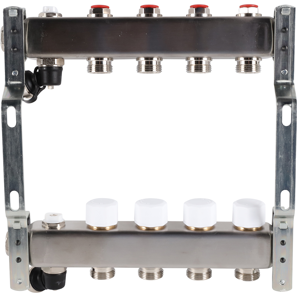 Коллектор из нержавеющей стали без расходомеров ROMMER, с клапаном вып. воздуха и сливом 4 выхода