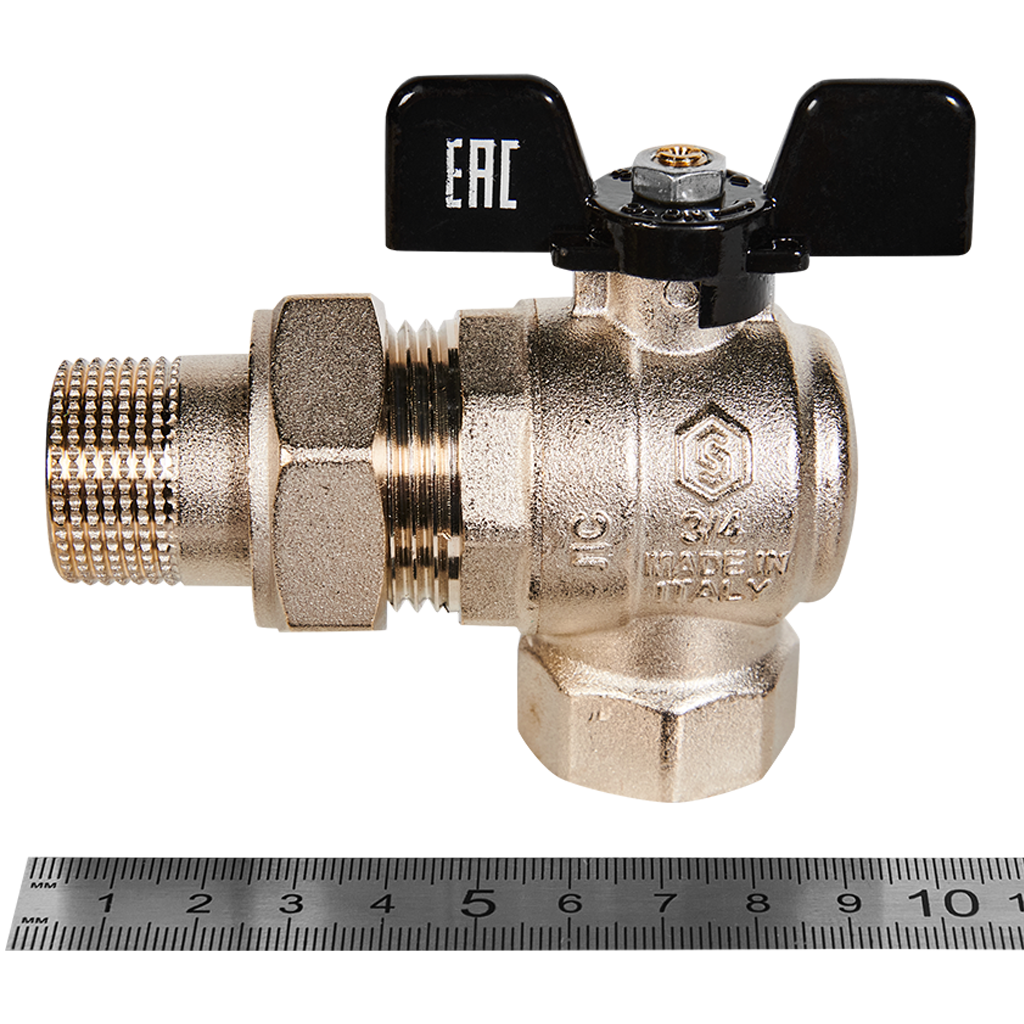 Кран шаровой полнопроходной угловой с американкой STOUT ВР/НР ручка бабочка 3/4