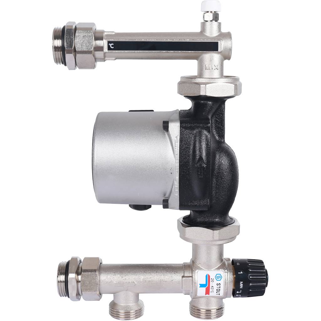 Насосно-смесительный узел STOUT SDG-0120 с термостатическим клапаном 20-43°C жидкокристаллическим термометром, с насосом UPSO 25-65, 130 mm, SDG-0120-005001