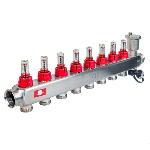 Коллекторная группа с регулирующими клапанами, расходомерами, воздухоотводчиками, обратными и дренажными клапанами, кронштейном (евроконус 3/4) нержавеющая сталь SUS 304 1х 8 выходов, RTP