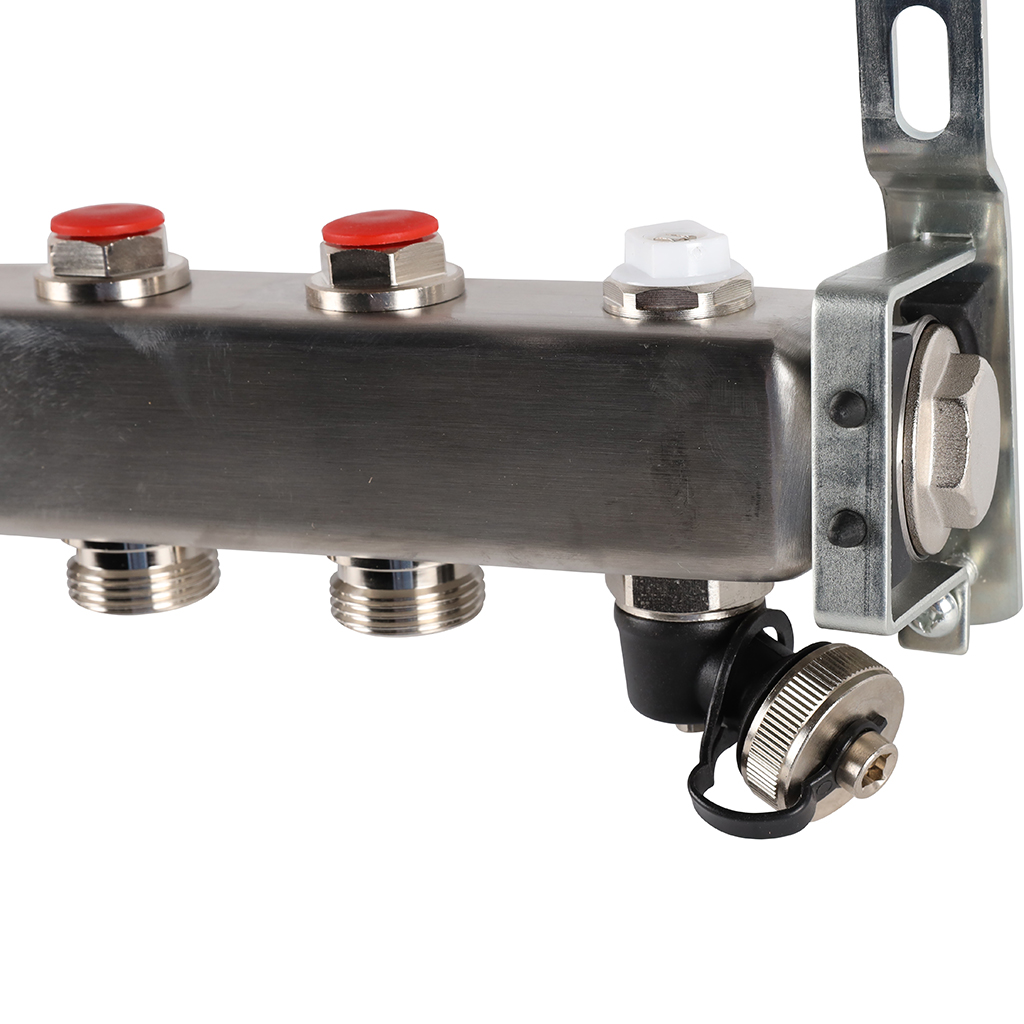 Коллектор из нержавеющей стали без расходомеров ROMMER, с клапаном вып. воздуха и сливом 6 выходов