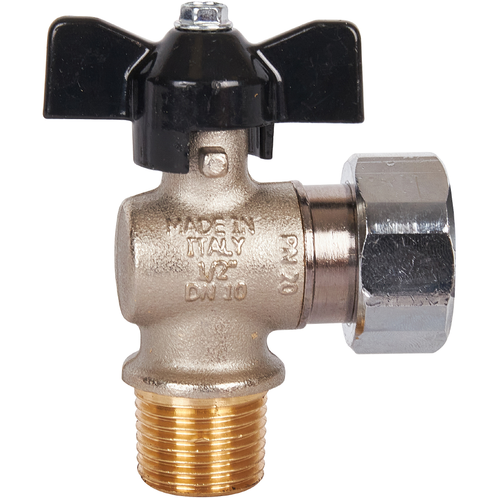 Кран шаровой STOUT 1/2x3/4 с накидной гайкой угловой, НР/накидная гайка, ручка бабочка, SVB-0010-001520