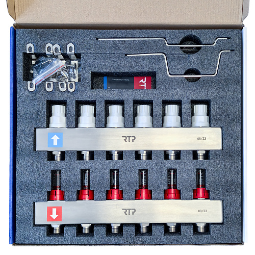Коллекторная группа с расходомером и кронштейном (евроконус 3/4) нержавеющая сталь SUS 304 1х 6 выходов, RTP