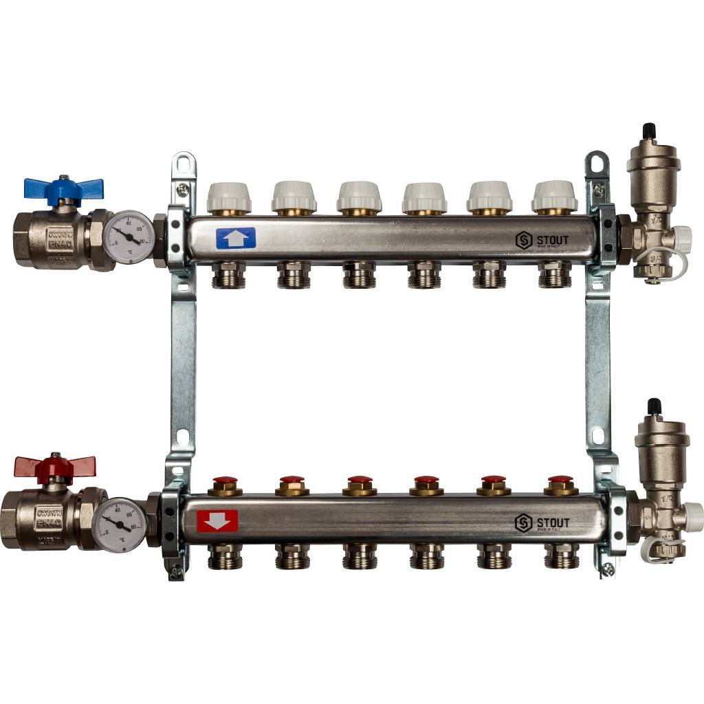 Коллектор из нержавеющей стали в сборе без расходомеров STOUT 6 выходов