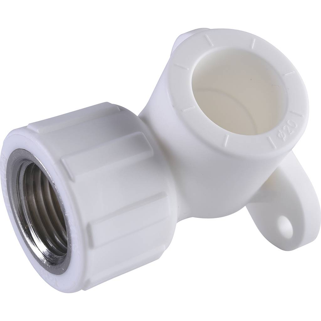 Угольник Политэк 20х1/2 с внутренней резьбой с креплением для полипропиленовых труб под сварку (цвет белый), 9400082012