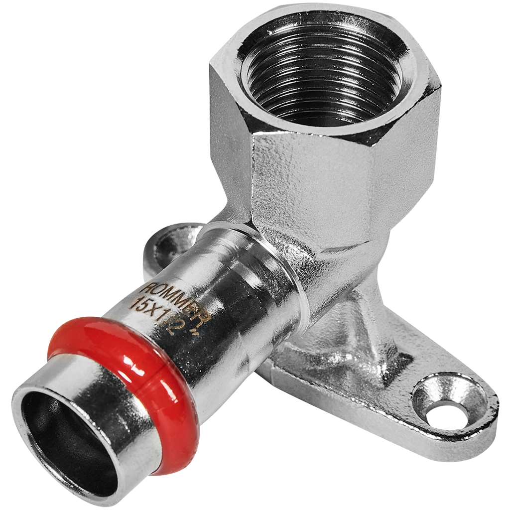 Угольник ROMMER настенный с креплением-ВР, 15х1/2, из нержавеющей стали прессовой