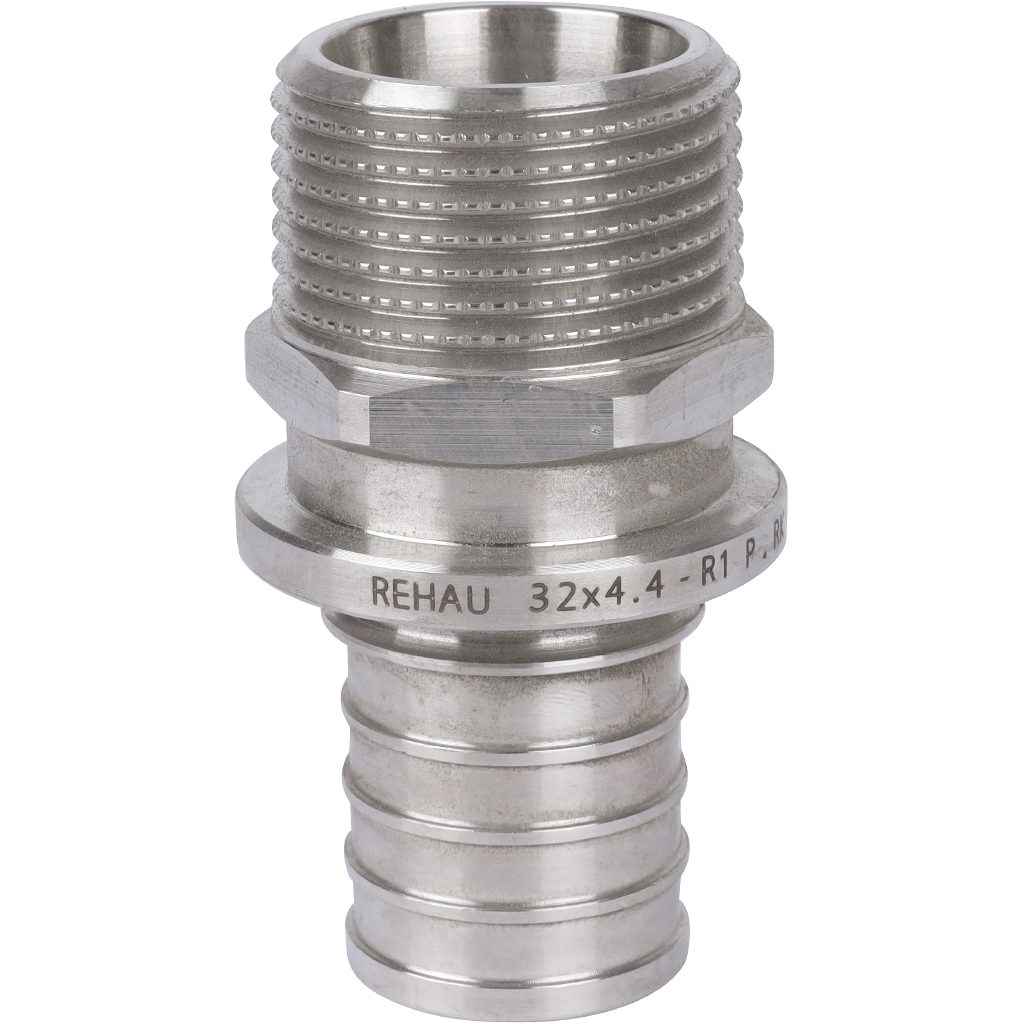 Переходник из нерж. стали РЕХАУ RAUTITAN с наружной резьбой 32 - R 1 для труб из сшитого полиэтилена аксиальный, 11377521001