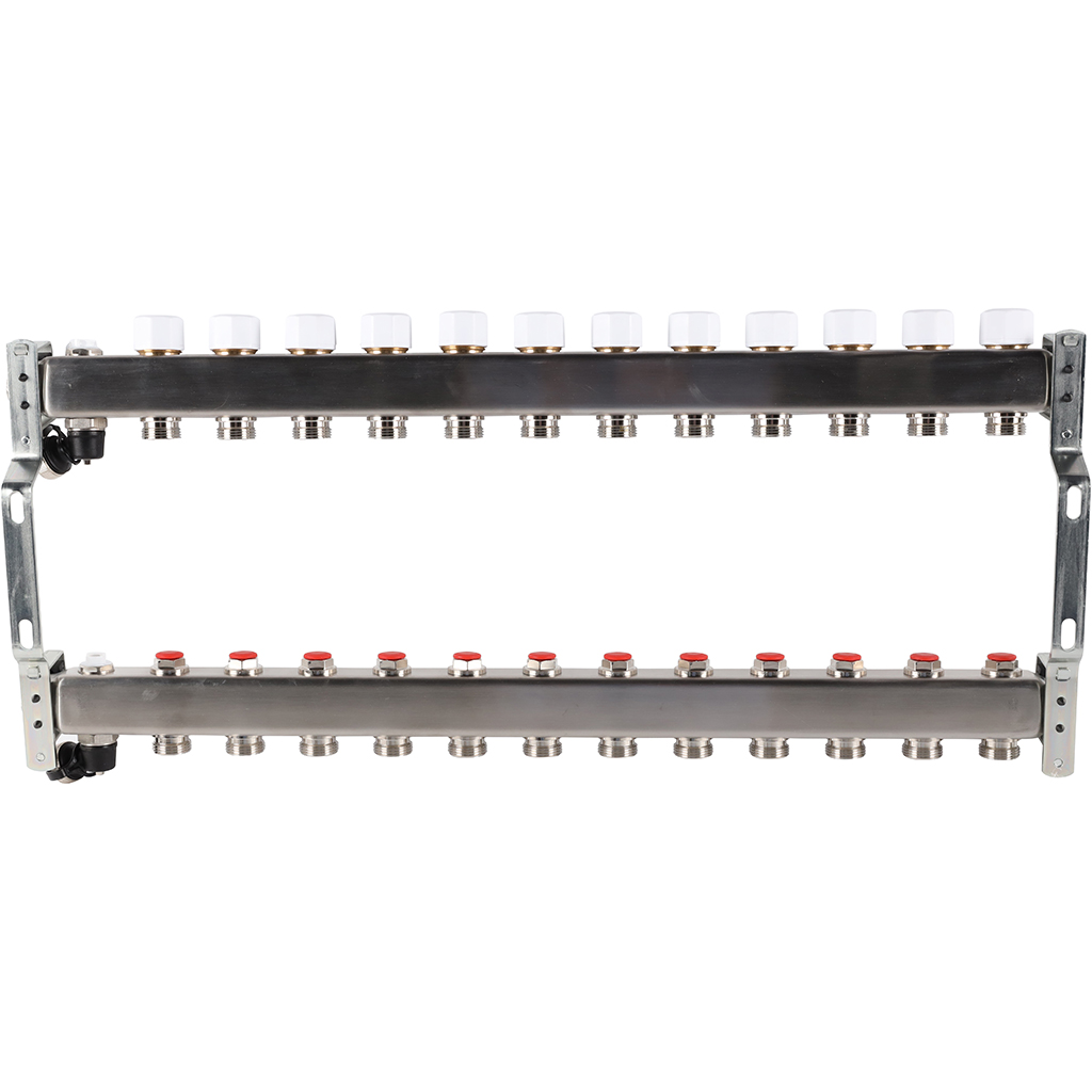 Коллектор из нержавеющей стали без расходомеров ROMMER, с клапаном вып. воздуха и сливом 12 выходов, RMS-3201-000012