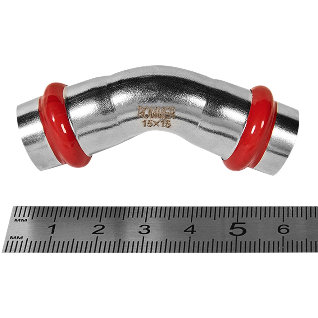 Угольник ROMMER 45° ВПр-ВПр, 15, из нержавеющей стали прессовой, RSS-1005-000015