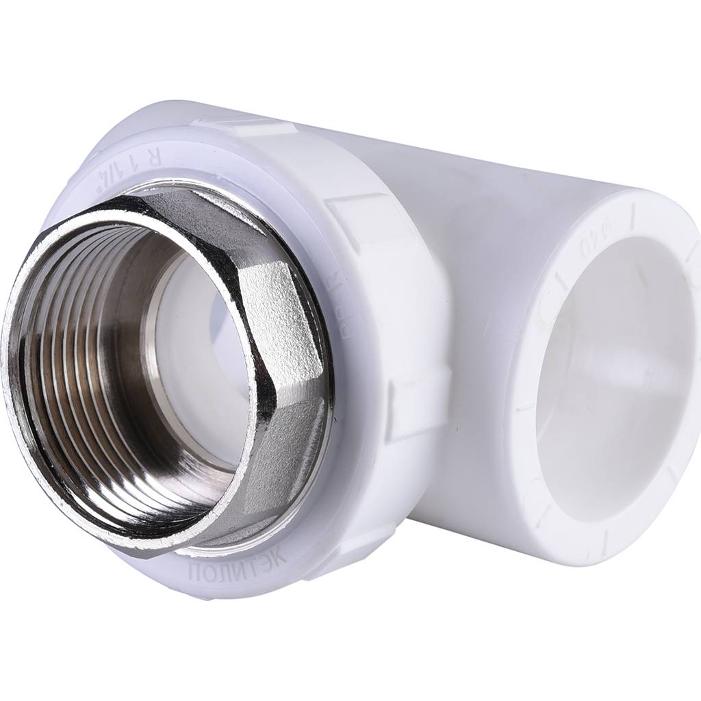 Тройник Политэк 40х1 1/4 с внутренней резьбой для полипропиленовых труб под сварку (цвет белый), 9500004014