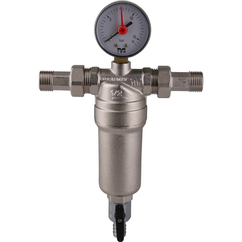 Фильтр с манометром TIEMME 1/2 со сгонами, с латунной колбой, промывной, 3130001