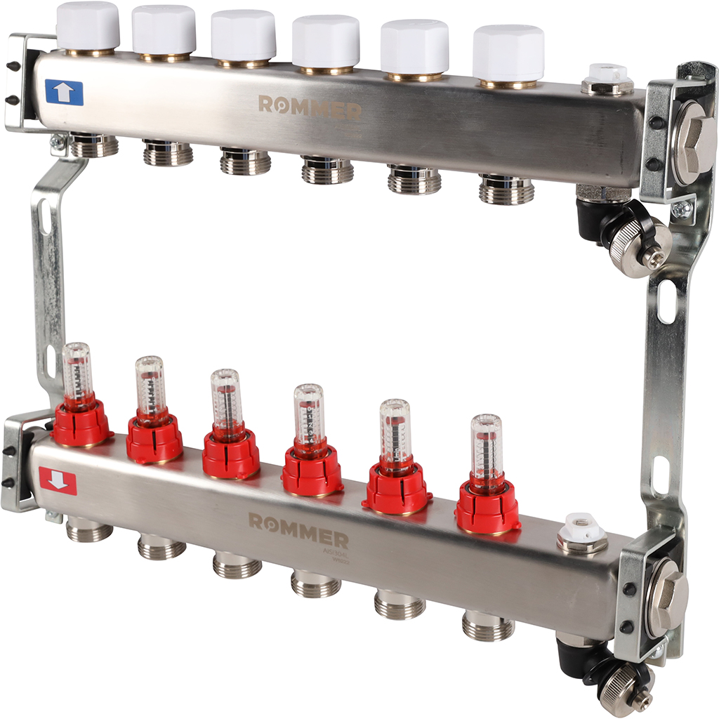 Коллектор из нержавеющей стали с расходомерами ROMMER, с клапаном вып. воздуха и сливом 6 выходов, RMS-1201-000006