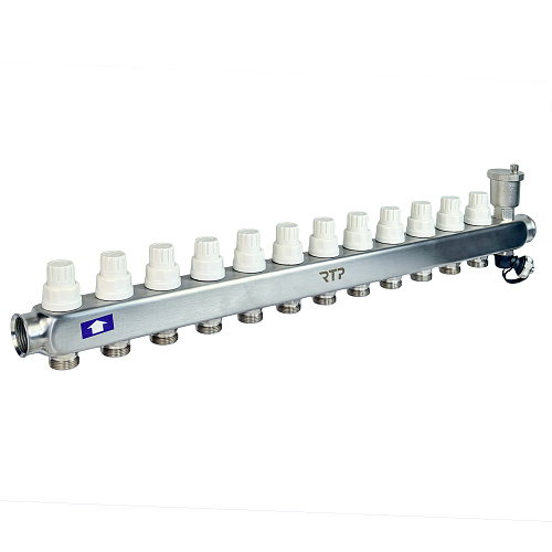 Коллекторная группа с регулирующими клапанами, расходомерами, воздухоотводчиками, обратными и дренажными клапанами, кронштейном (евроконус 3/4) нержавеющая сталь SUS 304 1х 12 выходов, RTP