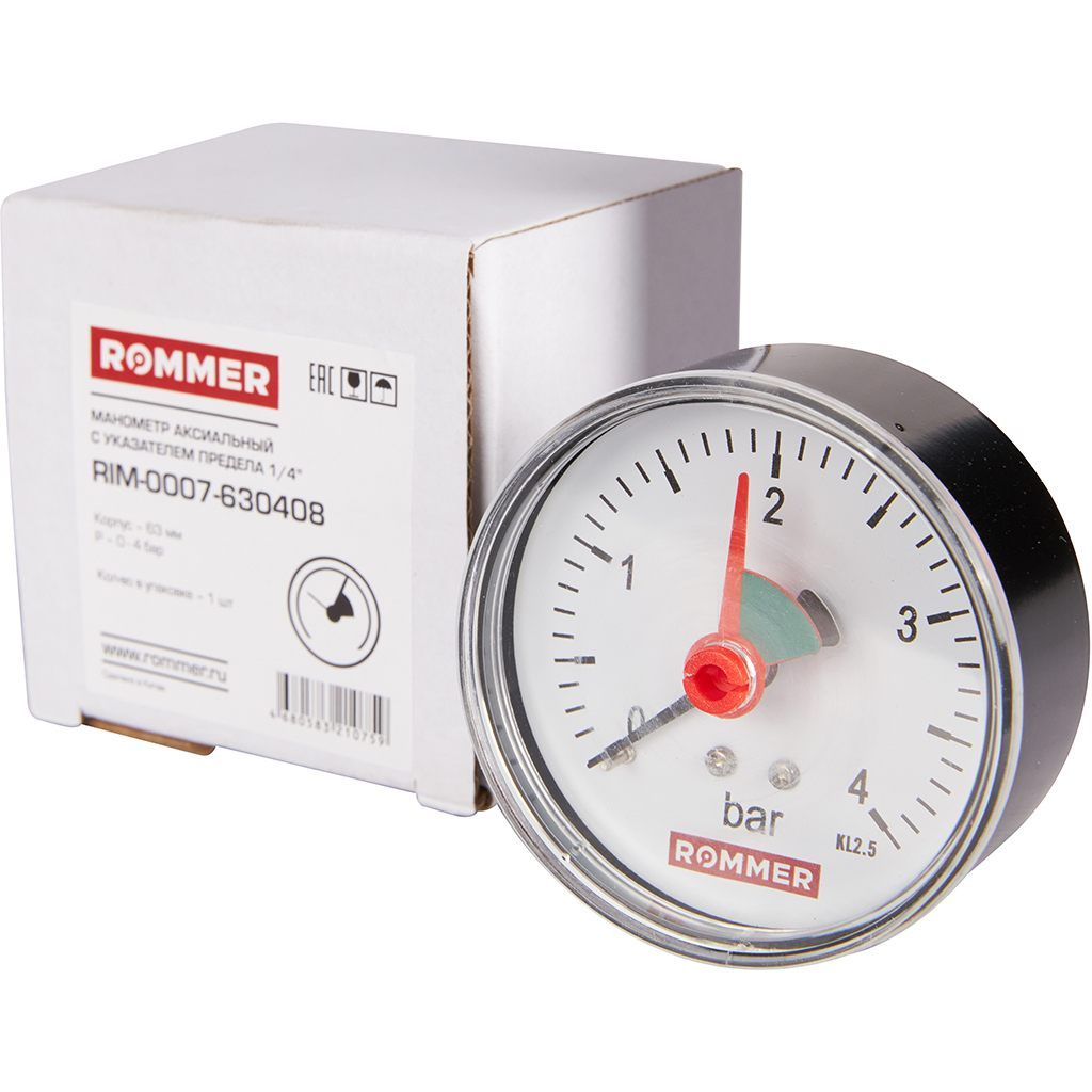 Манометр аксиальный ROMMER с указателем предела 63 мм 1/4