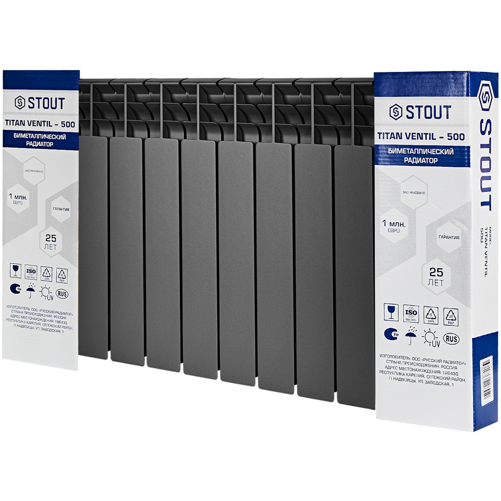 Радиатор биметаллический нижнее правое подключение STOUT TITAN VENTIL 500 12 секций (графит RAL 7024), SRB-3320-050012 7024