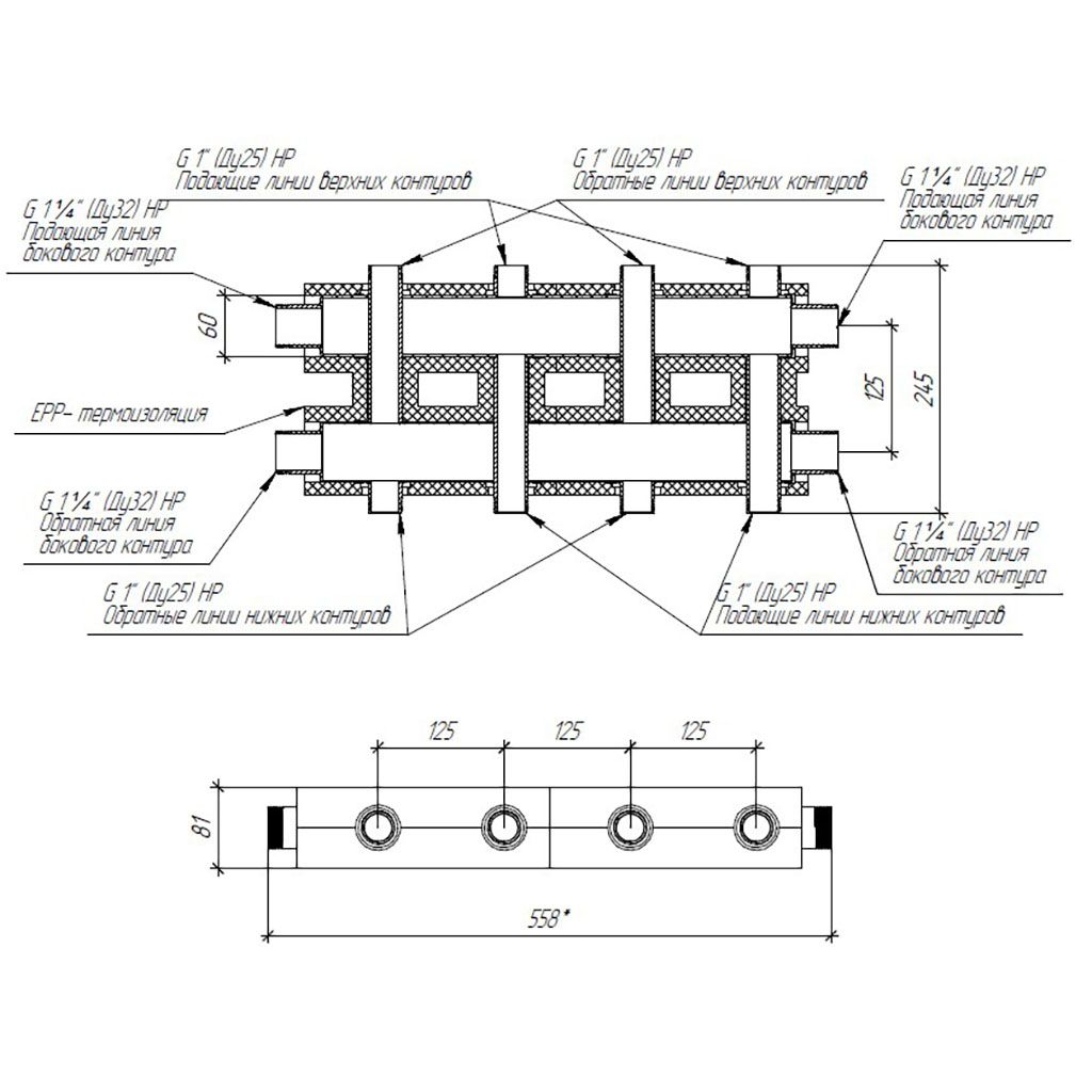 Модульный коллектор GIDRUSS MKSS-100-4DU.EPP (до 100 кВт, 2 магистрали G 1, 2+2 контура G 1, EPP-термоизоляция, 4D-кронштейны K.UMS)