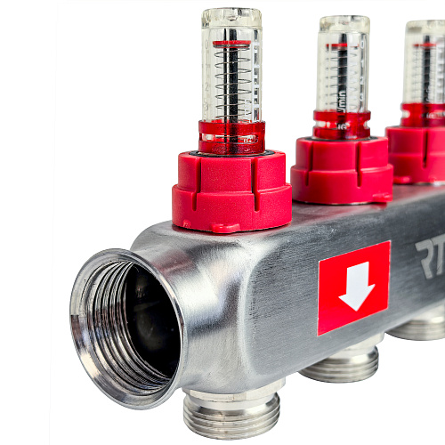 Коллекторная группа с регулирующими клапанами, расходомерами, воздухоотводчиками, обратными и дренажными клапанами, кронштейном (евроконус 3/4) нержавеющая сталь SUS 304 1х 3 выхода, RTP