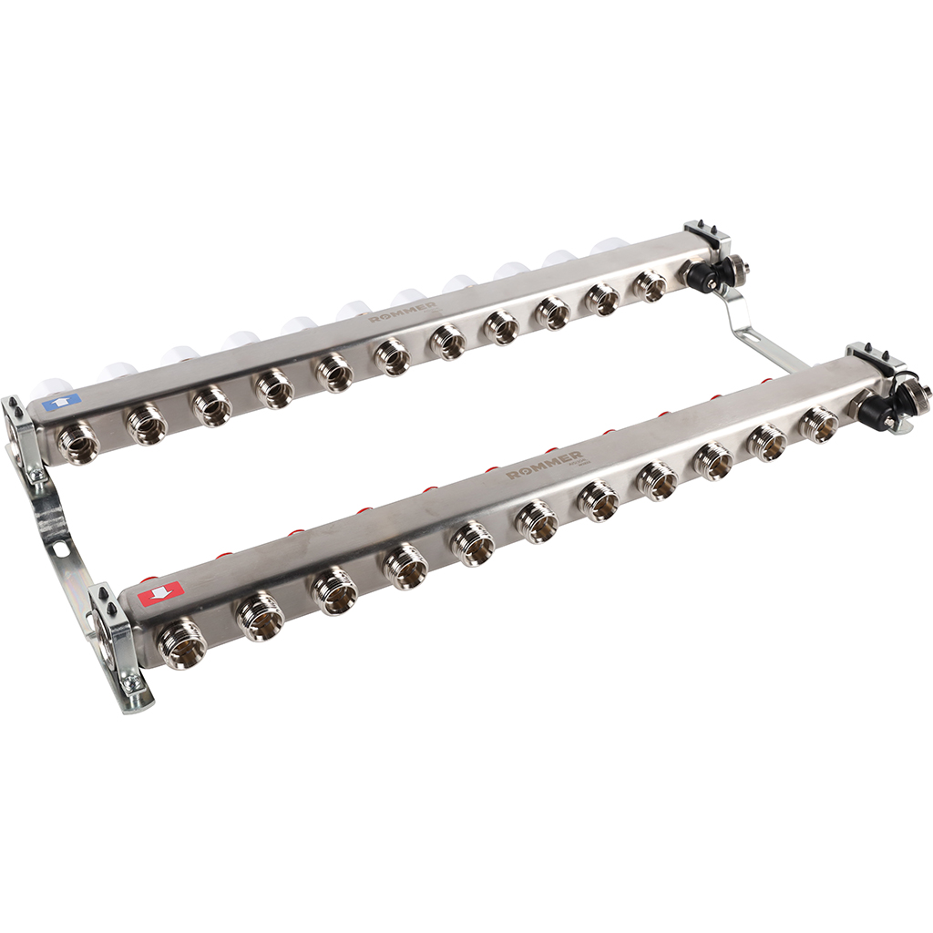 Коллектор из нержавеющей стали без расходомеров ROMMER, с клапаном вып. воздуха и сливом 11 выходов, RMS-3201-000011