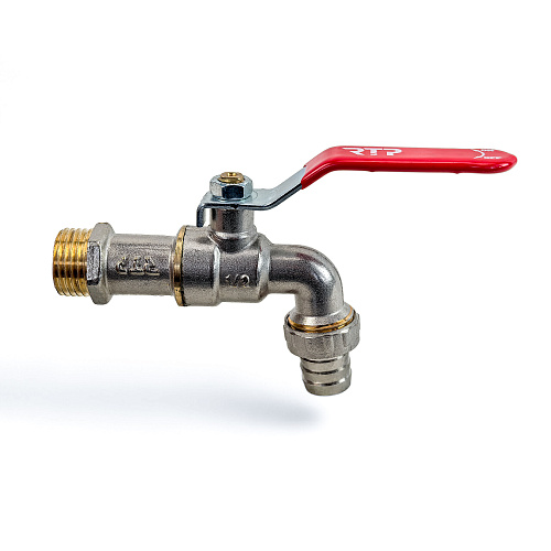 Кран шаровой водоразборный ручка рычаг, латунь, наружная/наружная резьба 1/2х1/2-16, индивидуальная упаковка, никель, RTP