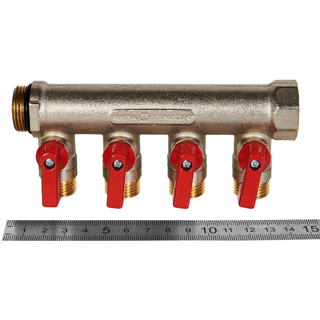 Коллектор с шаровыми кранами STOUT 3/4 , 4 отвода 1/2  (красные ручки)