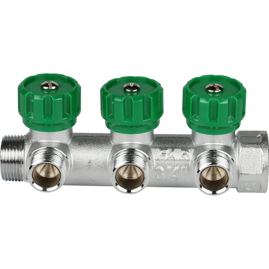 Коллектор распределительный FAR 3/4 , проходной, хромированный, 3 отвода 1/2  ЕК