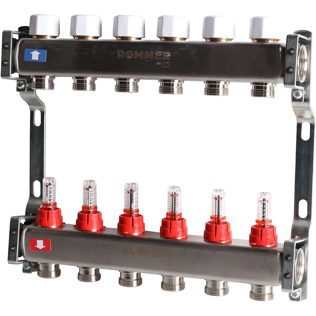 Коллектор из нержавеющей стали с расходомерами ROMMER 6 выходов, RMS-1200-000006