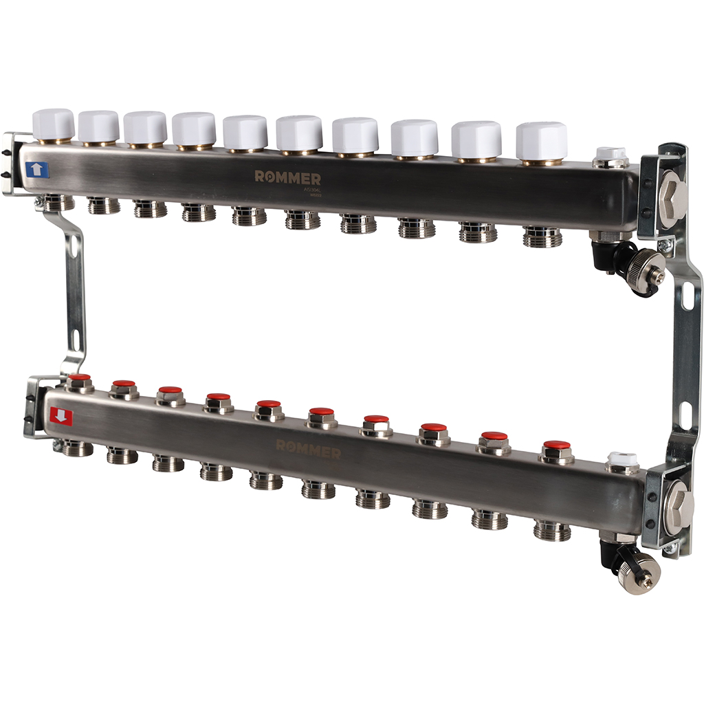 Коллектор из нержавеющей стали без расходомеров ROMMER, с клапаном вып. воздуха и сливом 10 выходов, RMS-3201-000010