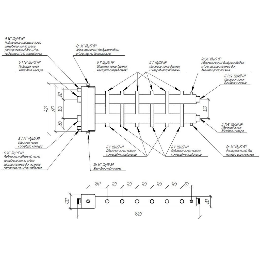 *BM 15050 21 GIDRUSS BM-150-7DU (до 150 кВт, подкл. котла G 1 1/2, 3+3 контура G 1 + 1 боковой контур G 1 1/2)