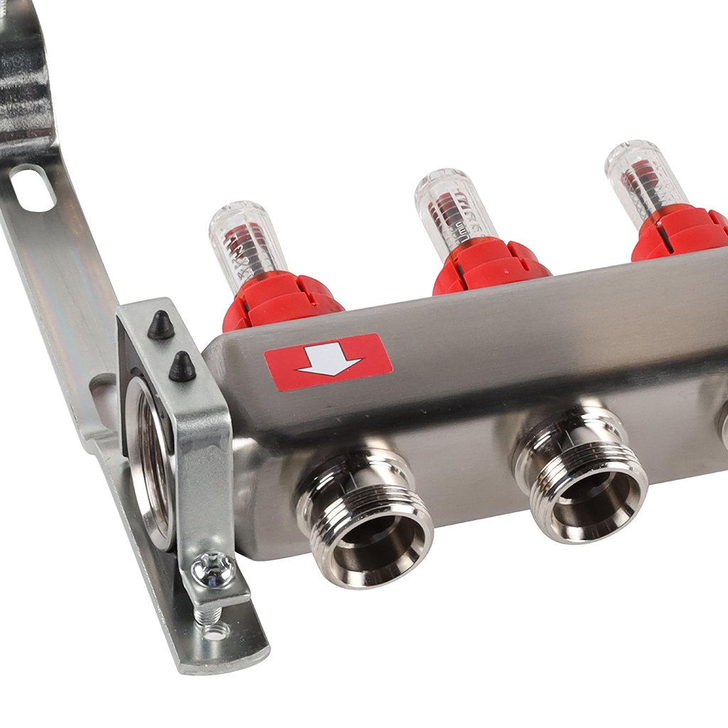 Коллектор из нержавеющей стали с расходомерами ROMMER, с клапаном вып. воздуха и сливом 9 выходов, RMS-1201-000009