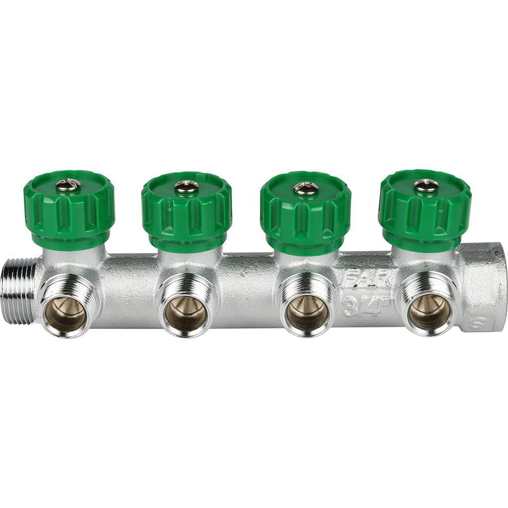 Коллектор распределительный FAR 3/4 , проходной, хромированный, 4 отвода 1/2  ЕК