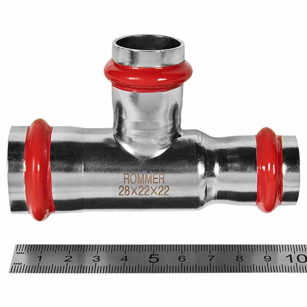 Тройник ROMMER переходной ВПр, 28х22х22, из нержавеющей стали прессовой, RSS-1014-282222