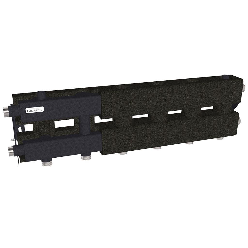 Модульный коллектор GIDRUSS MK-60-4D.EPP (до 60 кВт, магистраль G 1, 3+1 контура G 1, EPP-термоизоляция, 4D-кронштейны K.UMS, цвет черный муар с серебром, подключение для температурного датчика)