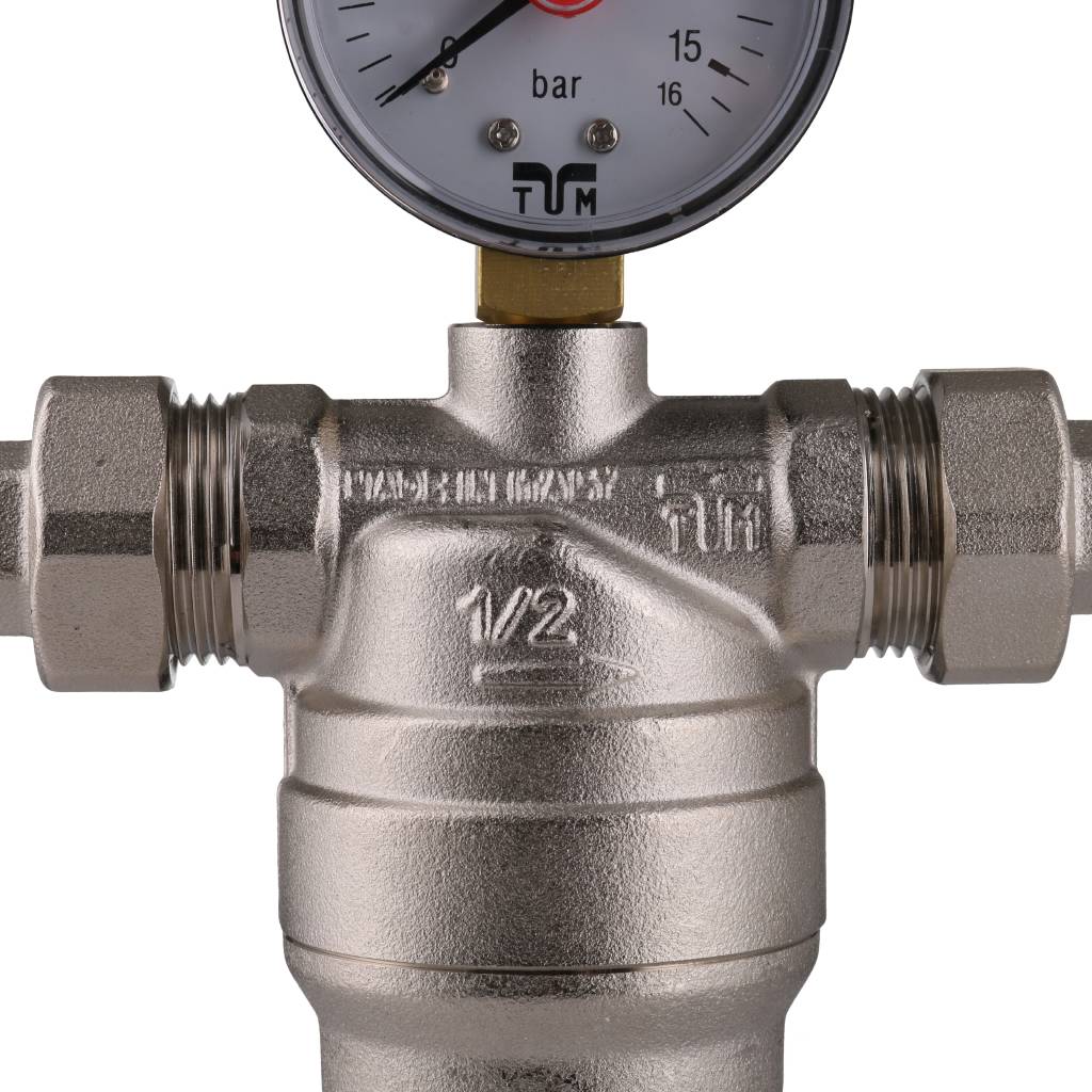 Фильтр с манометром TIEMME 1/2 со сгонами, с латунной колбой, промывной, 3130001