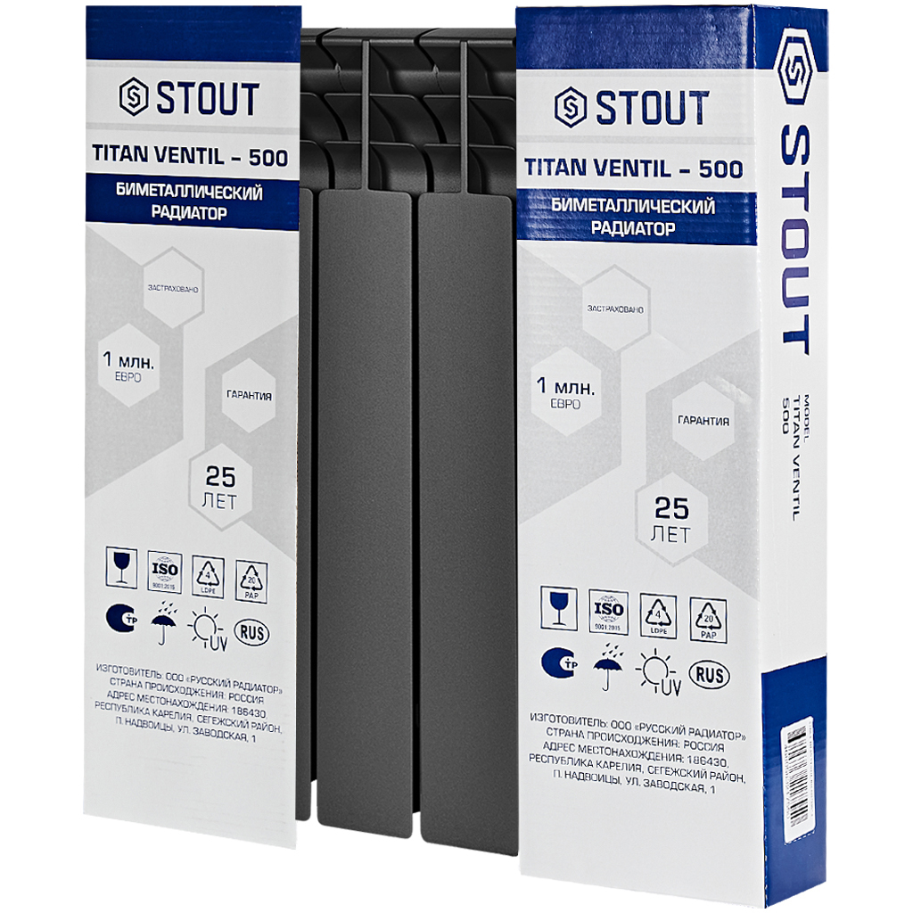 Радиатор биметаллический нижнее правое подключение STOUT TITAN VENTIL 500 6 секций (графит RAL 7024), SRB-3320-050006 7024