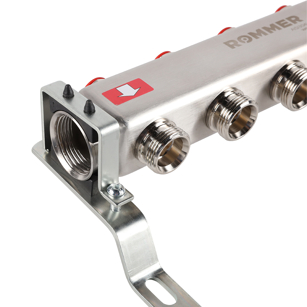 Коллектор из нержавеющей стали без расходомеров ROMMER, с клапаном вып. воздуха и сливом 4 выхода