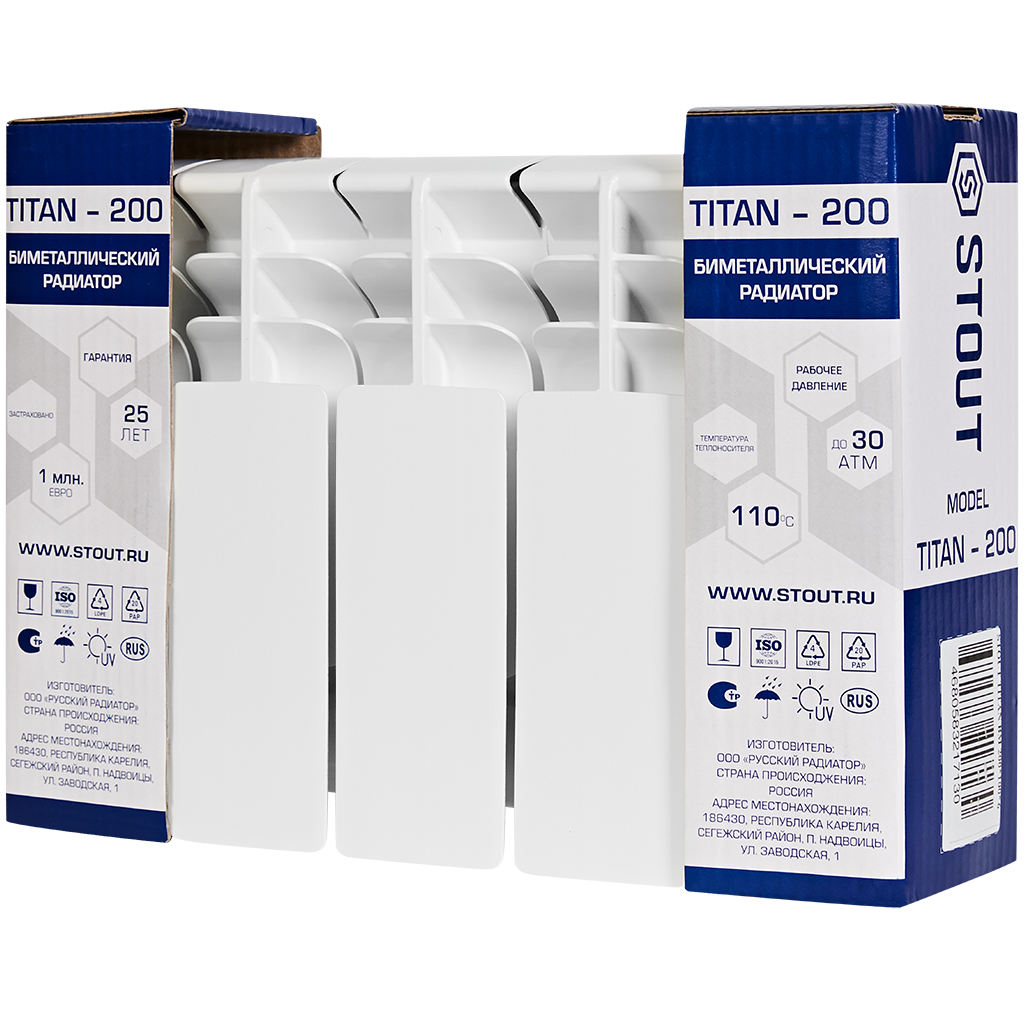 Радиатор биметаллический STOUT TITAN 200 4 секций боковое подключение (белый RAL 9016)