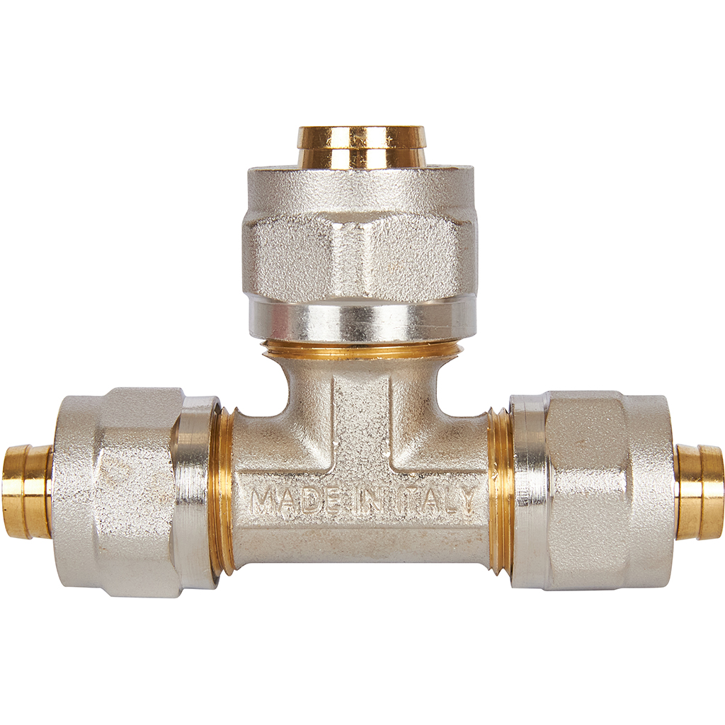 Тройник переходной STOUT 16x20x16 для металлопластиковых труб винтовой, SFS-0010-162016