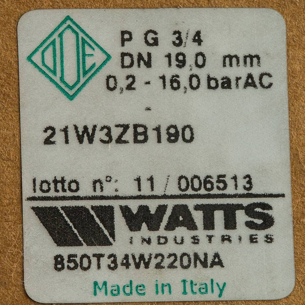 Соленоидный клапан Watts 850Т (850T34W220NA) для систем водоснабжения 3/4 230V Н.О., 10023643