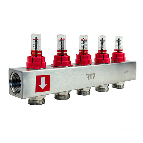 Коллекторная группа с расходомером и кронштейном (евроконус 3/4) нержавеющая сталь SUS 304 1х 5 выходов, RTP