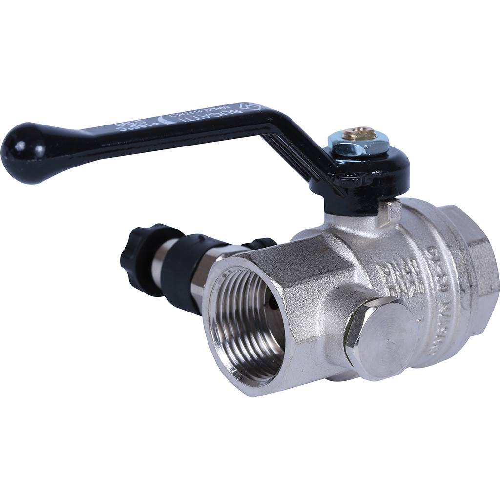 Кран шаровой BUGATTI Oregon с дренажем и воздухоотводчиком, (ручка-рычаг алюминий) внут-внут резьба 3/4