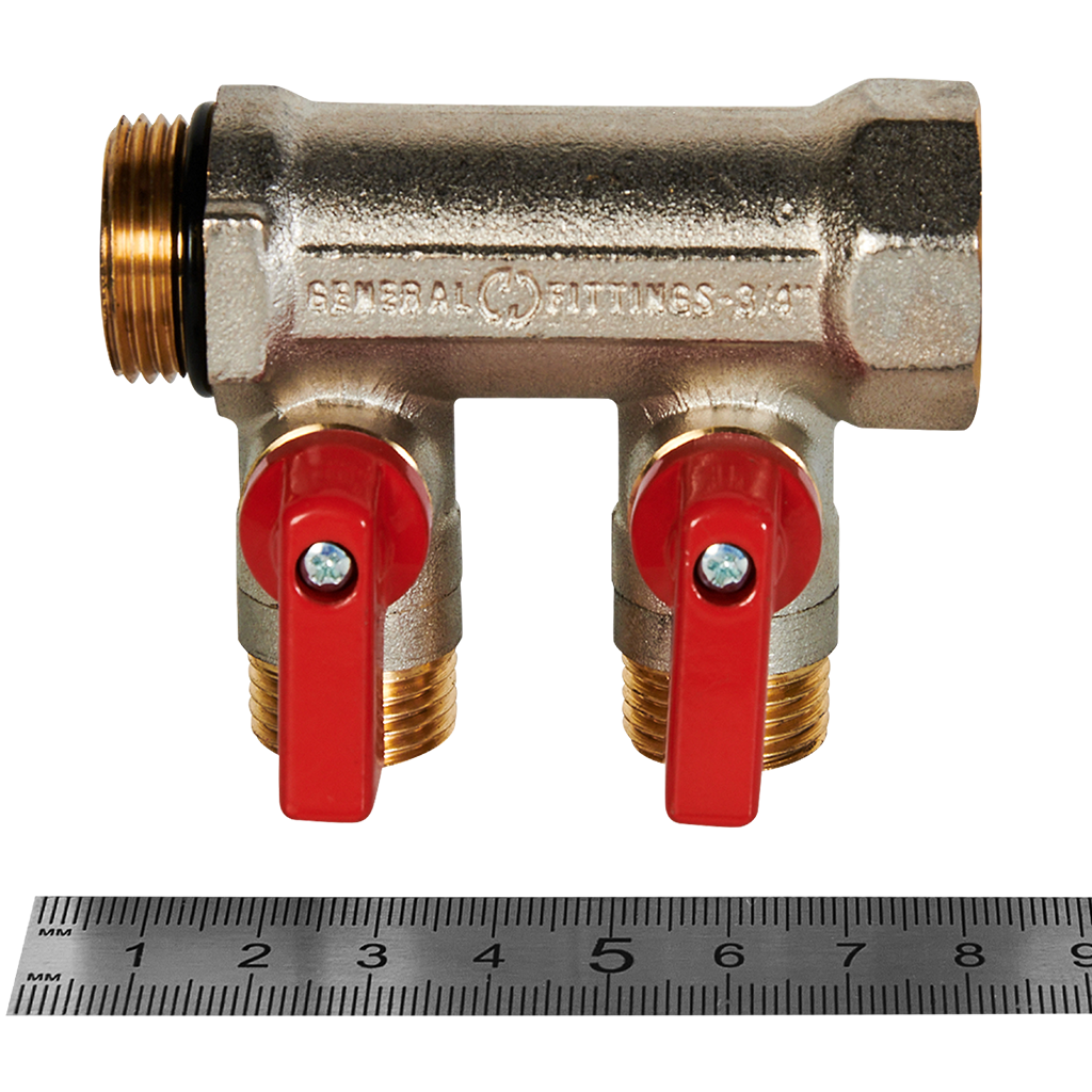 Коллектор с шаровыми кранами STOUT 3/4 , 2 отвода 1/2  (красные ручки)