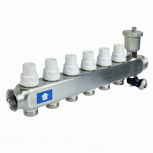 Коллекторная группа с регулирующими клапанами, расходомерами, воздухоотводчиками, обратными и дренажными клапанами, кронштейном (евроконус 3/4) нержавеющая сталь SUS 304 1х 6 выходов, RTP