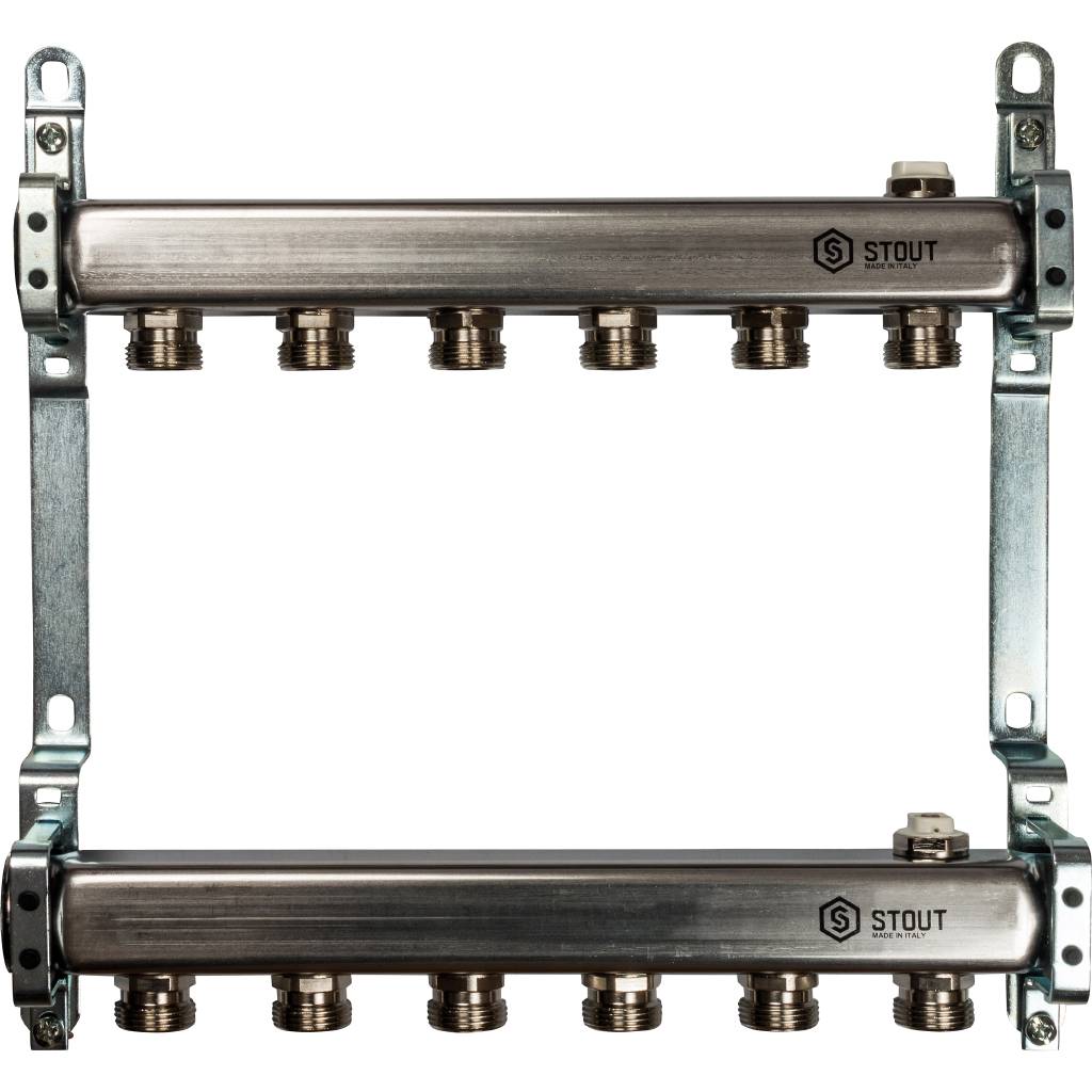 Коллектор из нержавеющей стали для радиаторной разводки STOUT 6 выходов