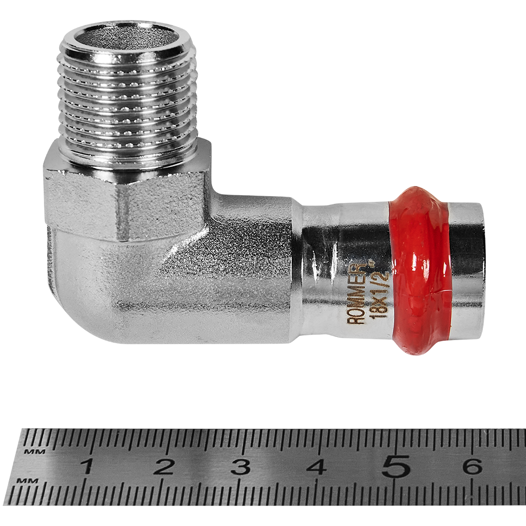 Угольник ROMMER-переходник-НР, 18х1/2, из нержавеющей стали прессовой