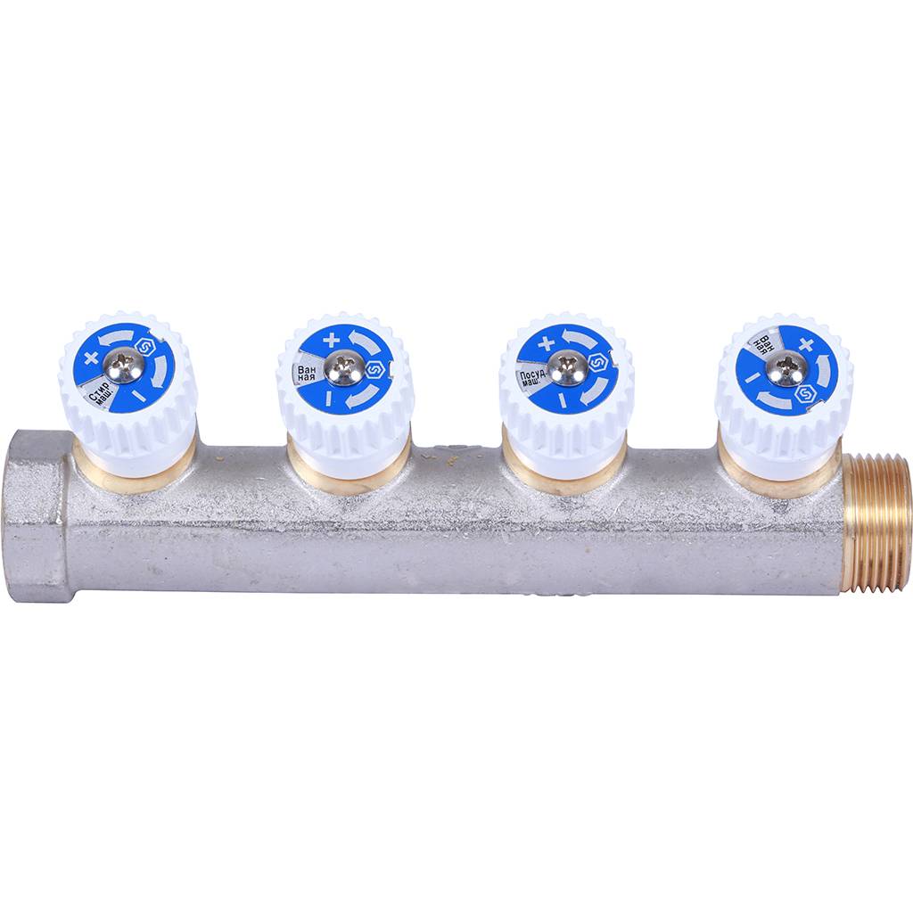 Коллектор распределительный STOUT 3/4, 4 отвода 1/2  плоское уплотнение