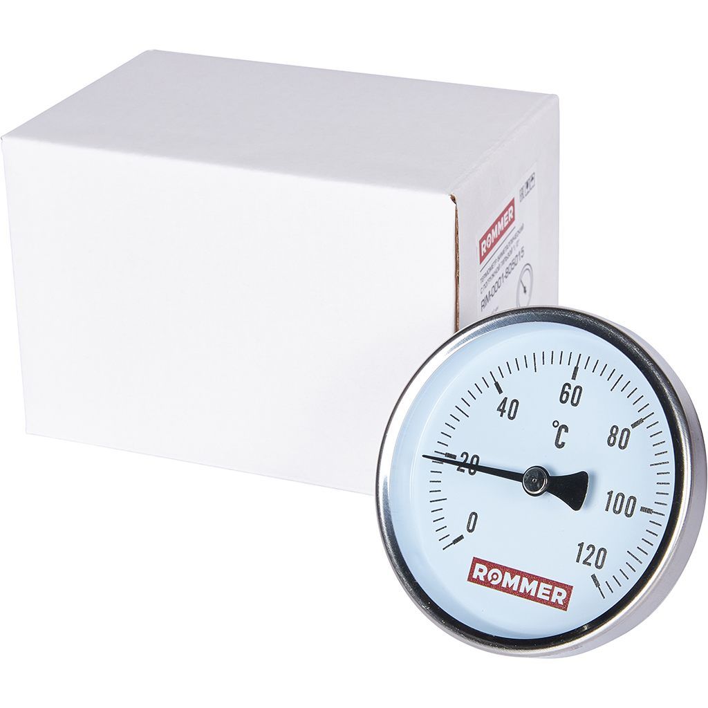 Термометр биметаллический ROMMER 80 мм 120 градусов с погружной гильзой 50 мм 1/2